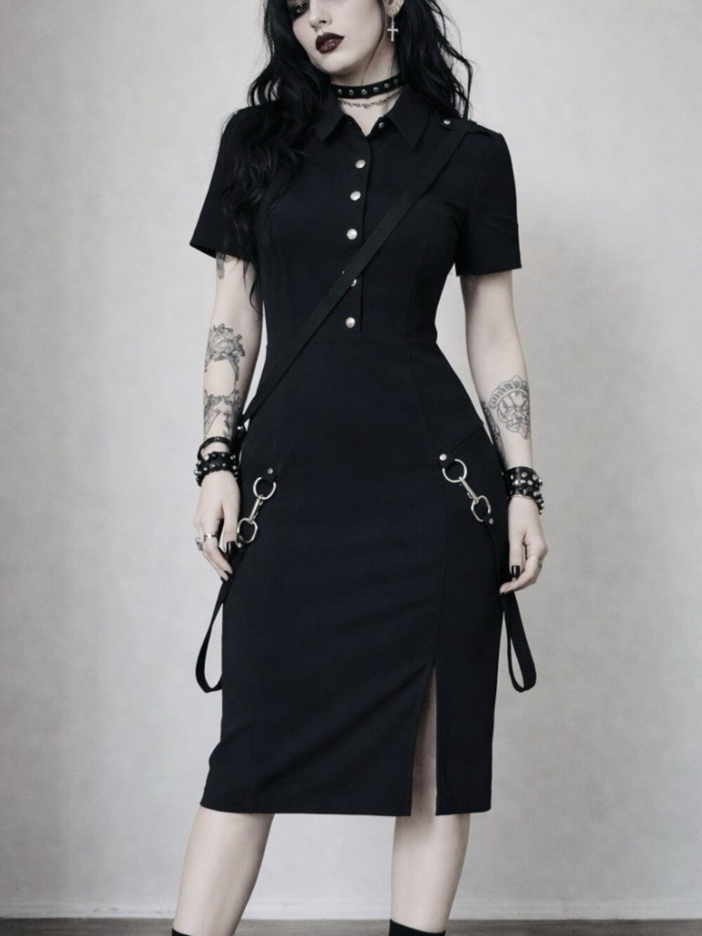 Black Fitted Knee Length Dress Gothic Industrial Strap Detail Military Vintage - Picture 1 of 3